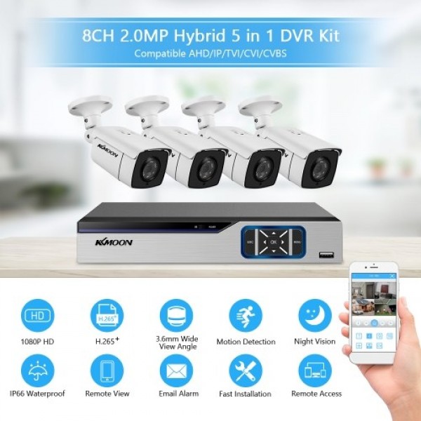 8CH Home Security Camera System,Surveillance DVR+4pcs 2MP Full HD Outdoor Weatherproof Surveillance Wired Camera