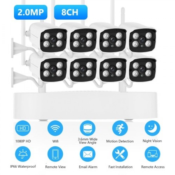 8CH 1080P Wireless Security Camera System, 8Channel 1080P CCTV NVR + 8PCS 1080P 2.0MP Indoor Outdoor Surveillance IP Cameras wit