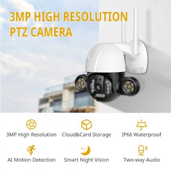 3MP PTZ WiFi Security Camera Outdoor, WiFi Spotlight Camera Wireless Surveillance Camera with Color Night Vision, AI Human Detec