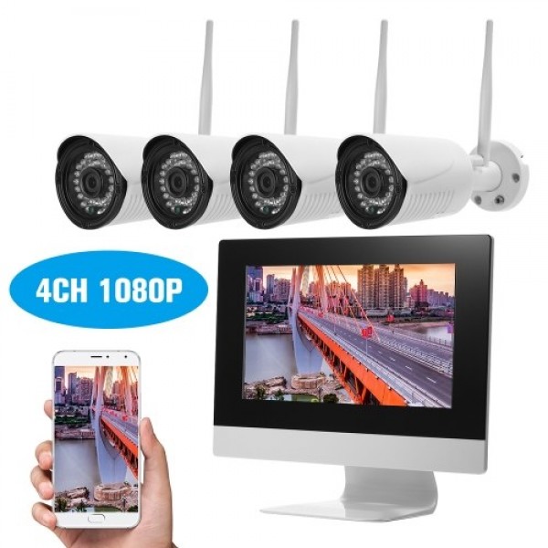 4 Channel HD 1080P Wireless WiFi NVR Kit 10.1” Network Video Recorder + 4pcs 1080P WiFi IP Camera