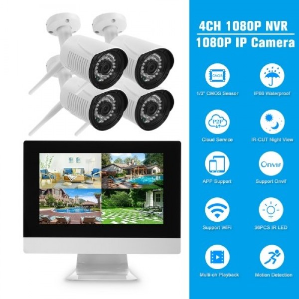 4 Channel HD 1080P Wireless WiFi NVR Kit 10.1” Network Video Recorder + 4pcs 1080P WiFi IP Camera