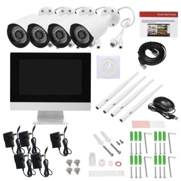 4 Channel HD 1080P Wireless WiFi NVR Kit 10.1” Network Video Recorder + 4pcs 1080P WiFi IP Camera