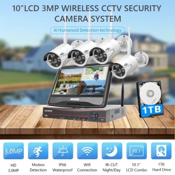 3MP Wireless Security Camera System with 10inch Monitor