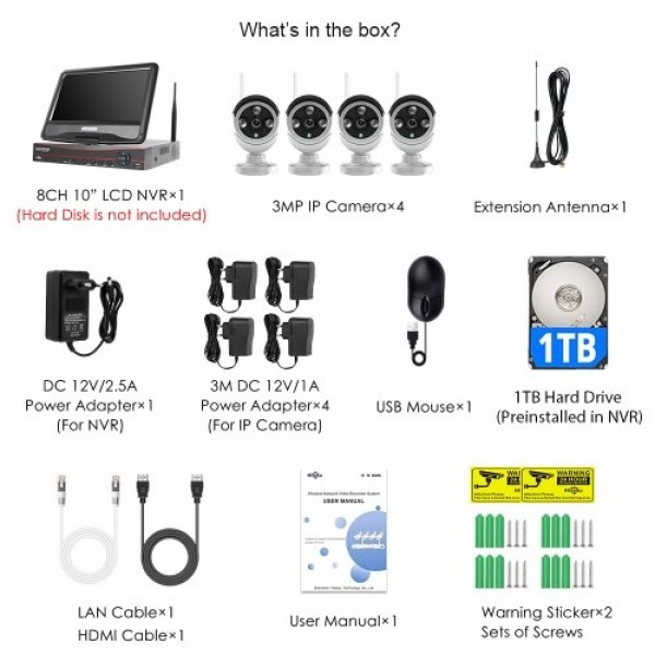 3MP Wireless Security Camera System with 10inch Monitor