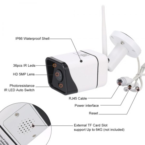 5.0MP Wireless WIFI HD IP Camera 3.6mm 1/2.8" CMOS H.265 P2P Onvif 36pcs IR Lamps Night View IR-CUT Motion Detection Phone APP C