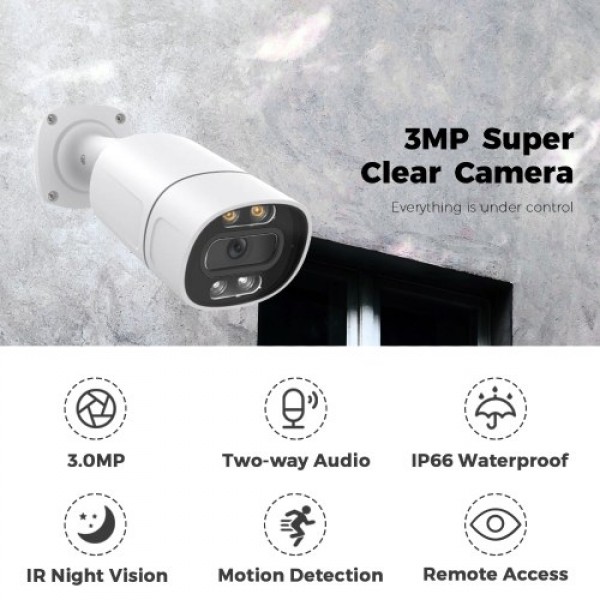 3MP Outdoor IP Surveillance Bullet Camera with IR Night Vision, 2-Way Audio, Motion Detection, Remote Monitoring, IP66 Waterproo