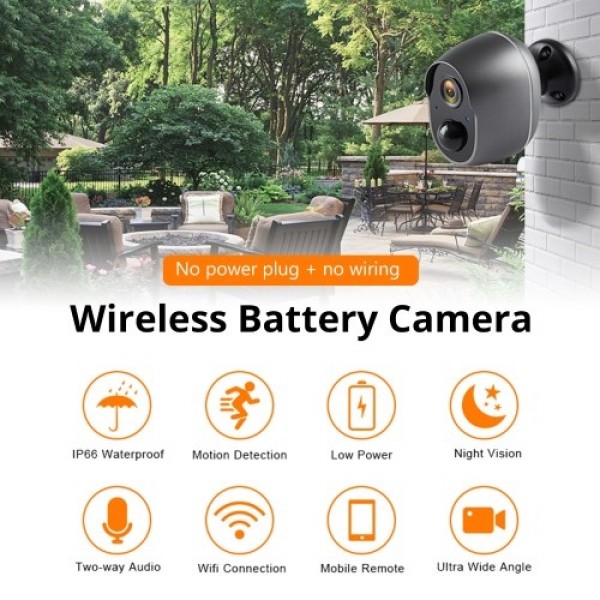 2 MP Rechargeable Battery Security Camera 2.4G WiFi Wireless 1080P Home Surveillance Camera Outdoor with 2-Way Audio/Night Visio