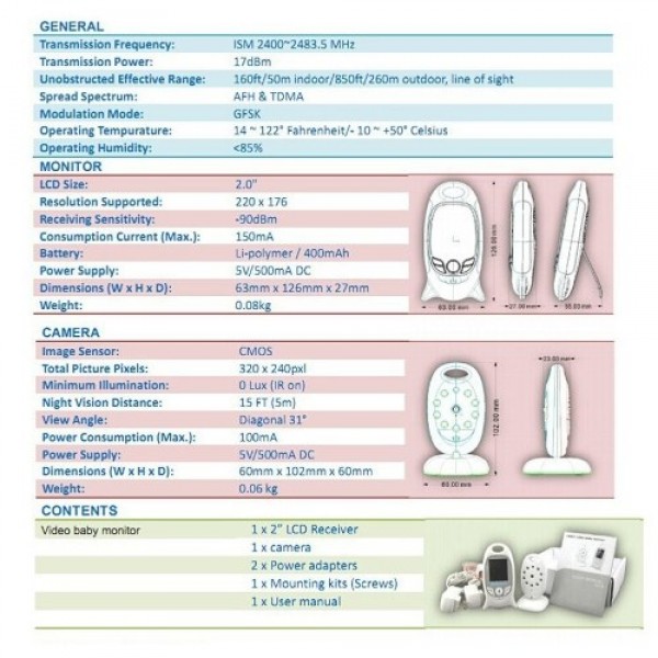 VB601 Wireless Video and Audio Baby Sleeping Monitor Rechargeable Battery Nanny Camera 2in Display Mini Infant Monitoring Device