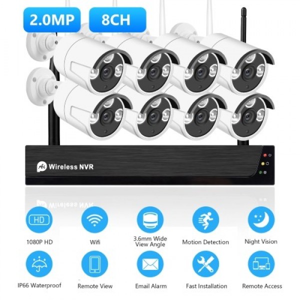 8CH 1080P Wireless Security Camera System, 8Channel 1080P CCTV NVR + 8PCS 1080P 2.0MP Indoor Outdoor Surveillance IP Cameras wit