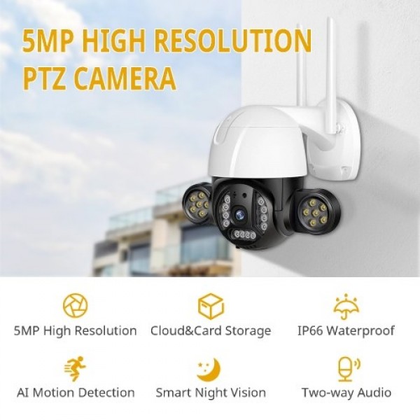 5MP PTZ Security Camera Outdoor, Wireless Pan Tilt Zoom IP Camera WiFi Surveillance Camera with AI Human Detection, 2 Way Audio,