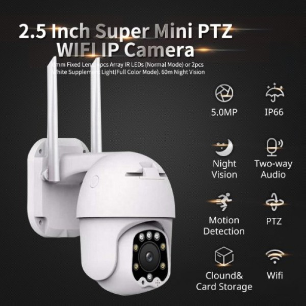 5MP PTZ IP Camera Outdoor Waterproof Wireless WiFi Security Camera Mini PTZ WiFi Camera with Night Vision, Two-Way Audio, Sound/