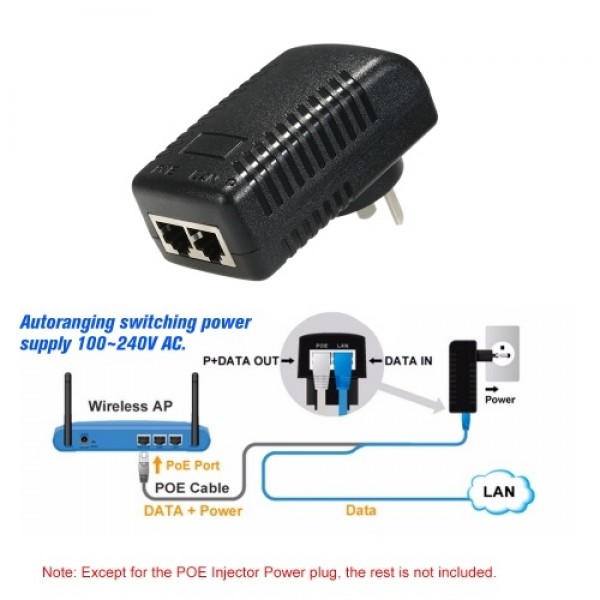 POE Injector Ethernet Power Supply Adapter DC48V 0.5A 15.4W, POE pin4/5(+), 7/8(-) Compatible W/T IEEE802.3af for IP Camera IP P