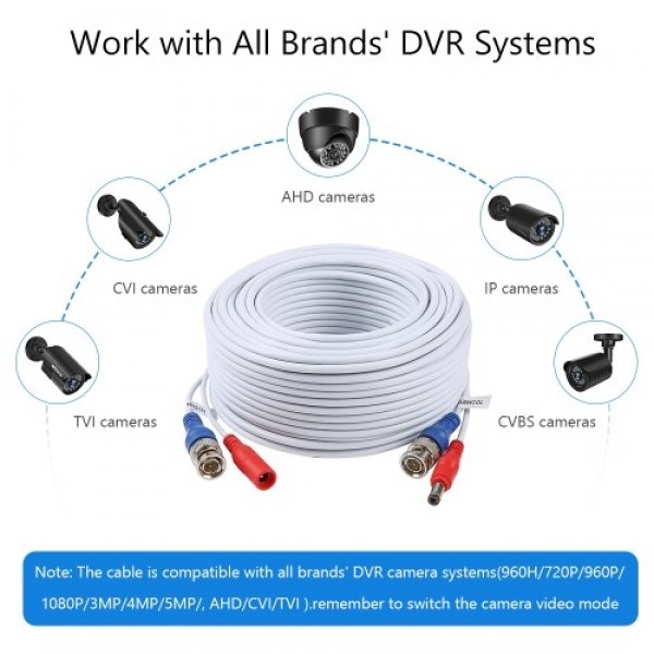 1Pack 100ft /30m 2-in-1 Video Power CCTV Cable BNC Extend Cord