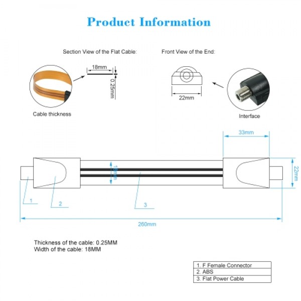 Extreme Slim Flat Power Cable Female F Connector Fits Under Doors Windows Without Drilling 26cm Long + F Male Camera Power Input