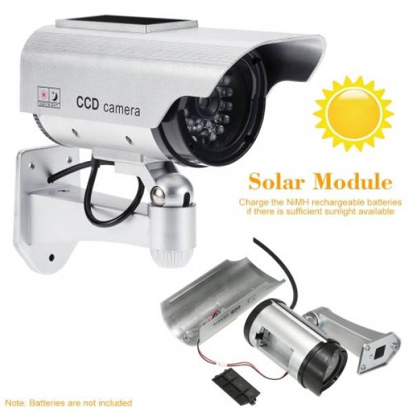 Simulation Bullet Camera Solar Powered Fake Dummy Rainproof Security System with LED light for Indoor Outdoor Use