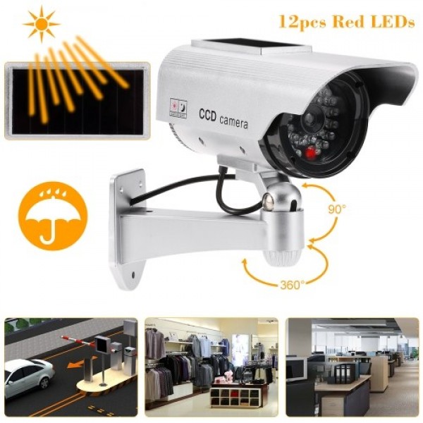 Simulation Bullet Camera Solar Powered Fake Dummy Rainproof Security System with LED light for Indoor Outdoor Use