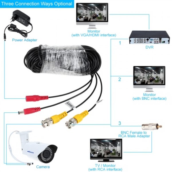 65ft BNC DC Connector Video Power Siamese Cable 4pcs/lot for CCTV Camera DVR