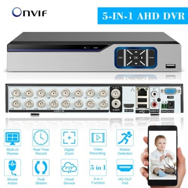 1080P Full High Definition 16-Channel Hybrid Digital Video Recorder, 4-in-1 DVR Security Recorder for Security Camera, Without H