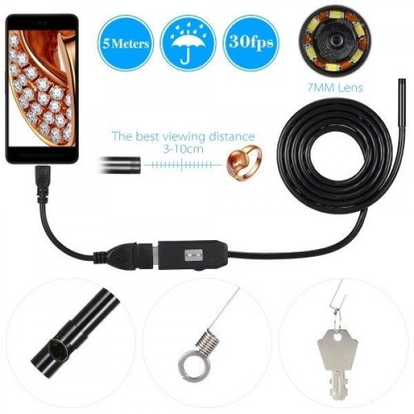 Endoscope for Android mobile phone 0.3MP Endoscope with 7MM lens and 6 lights USB transfer interface 1 meter