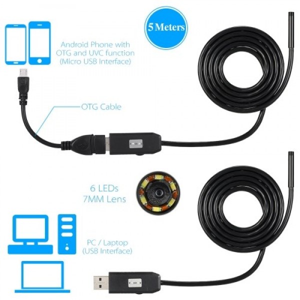 Endoscope for Android mobile phone 0.3MP Endoscope with 7MM lens and 6 lights USB transfer interface 1 meter