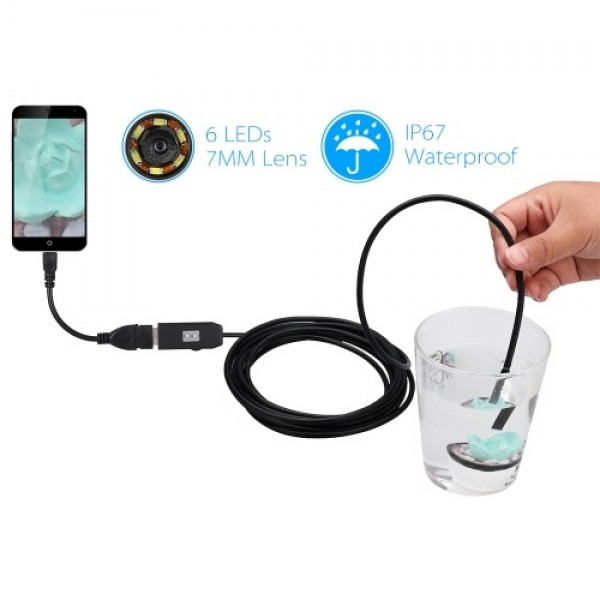 Endoscope for Android mobile phone 0.3MP Endoscope with 7MM lens and 6 lights USB transfer interface 1 meter