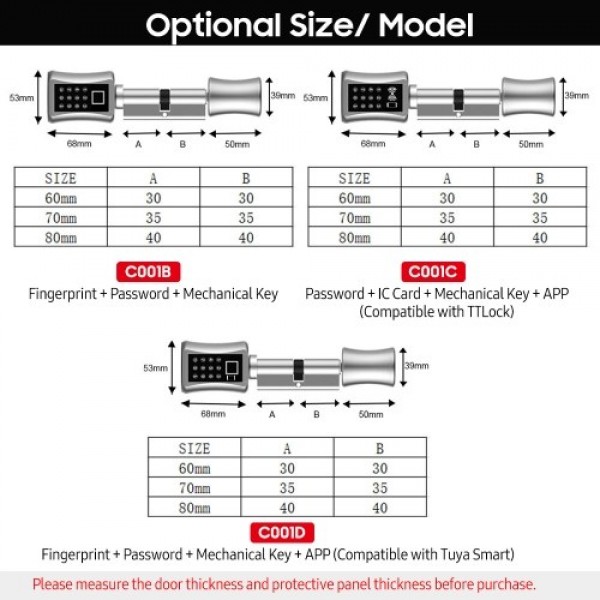 Smart Lock Cylinder Electronic Keypad Door Lock 3 Unlocking Ways Fingerprint/ Password/ Mechanical Key Upgraded Anti-theft Intel