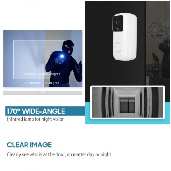 Smart Video Doorbell Camera Door Bell with 170° View Night Vision Motion Detection 2 Way Audio Phone App Easy Installation Direc