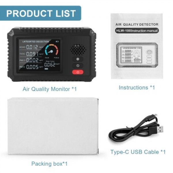 Multifunctional Air Quality Monitor Formaldehyde Detector TVOC PM2.5/PM10 Tester  Real Time Data Monitoring