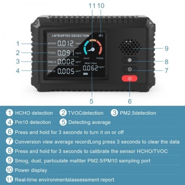 Multifunctional Air Quality Monitor Formaldehyde Detector TVOC PM2.5/PM10 Tester  Real Time Data Monitoring