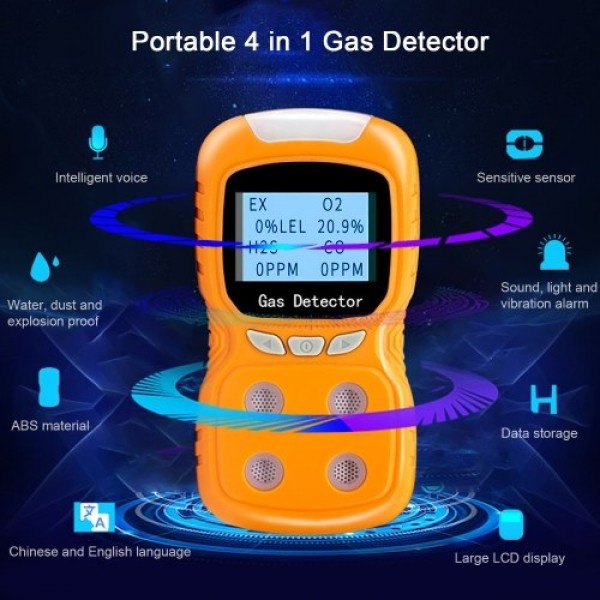 4-Gas Monitor Meter Tester Analyzer Portable Gas Detector CO Monitor Digital Toxic Gas Detector Rechargeable LCD Display Sound L