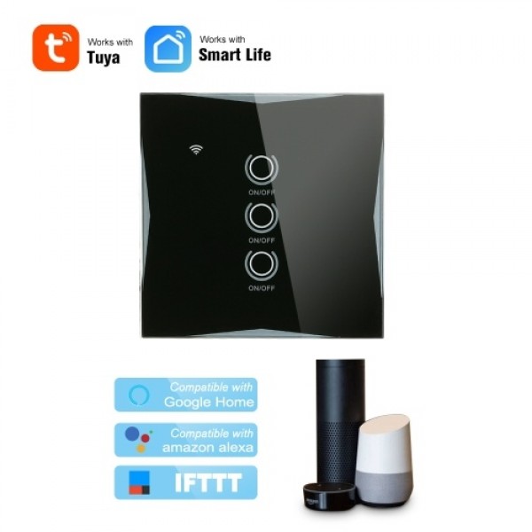 Wifi Smart Wall Touch Switch 3 Gang Glass Panel Mobile APP Tuya/Touch Control Timer No Hub Required Compatible with Google Home/