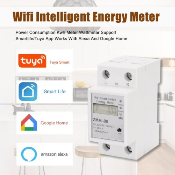 Single-Phase Din Rail Wifi Intelligent Energy Meter Power Consumption Kwh Meter Wattmeter Support Smartlife/Tuya App Control