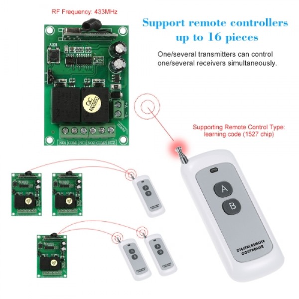 Smart Home 433Mhz RF DC 12V 2CH Learning Code Wireless Remote Control Switch