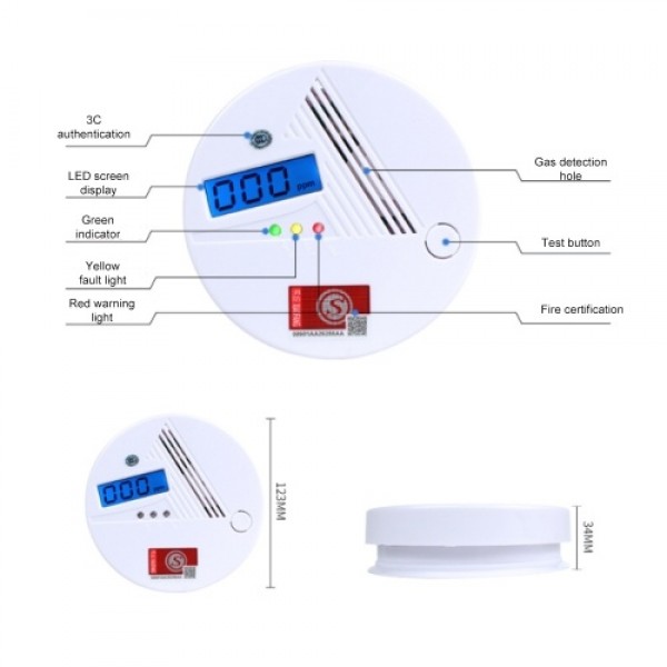 Cordless Standalone CO Gas Sensor LCD Disply 85dB Sound Warning High Sensitive Carbon Monoxide Gas Poisoning Detection Alarm Det