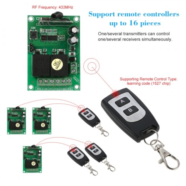 Smart Home 433Mhz RF DC 12V 2CH Learning Code Wireless Remote Control Switch