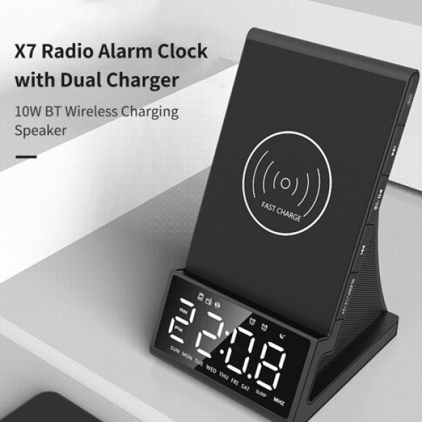 10W Wirelessly Charge BT Radio Alarm Clock Speaker