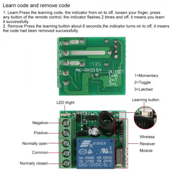 Smart Home 433Mhz DC 12V 1CH Wireless Remote Switch