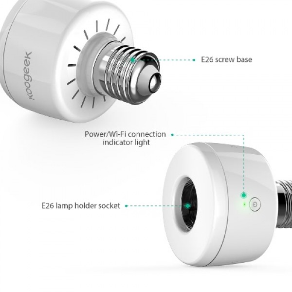 Koogeek Wi-Fi Enabled Smart Socket E26 Light Bulb Adapter Monitor Power Works with Apple HomeKit Support Siri Voice Control Home