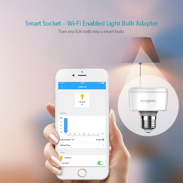 Koogeek Wi-Fi Enabled Smart Socket E26 Light Bulb Adapter Monitor Power Works with Apple HomeKit Support Siri Voice Control Home