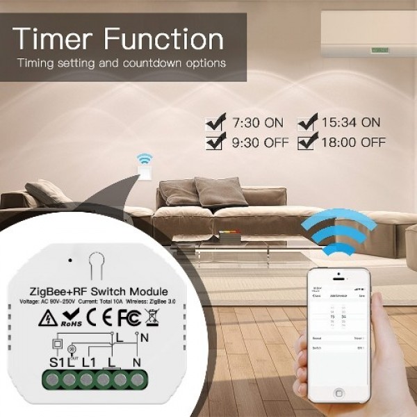 ZIGBEE3.0 Hide Breaker One Way Intelligent Switch Module APP Remote Control with Timer Function Compatible with Amazon Alexa Goo