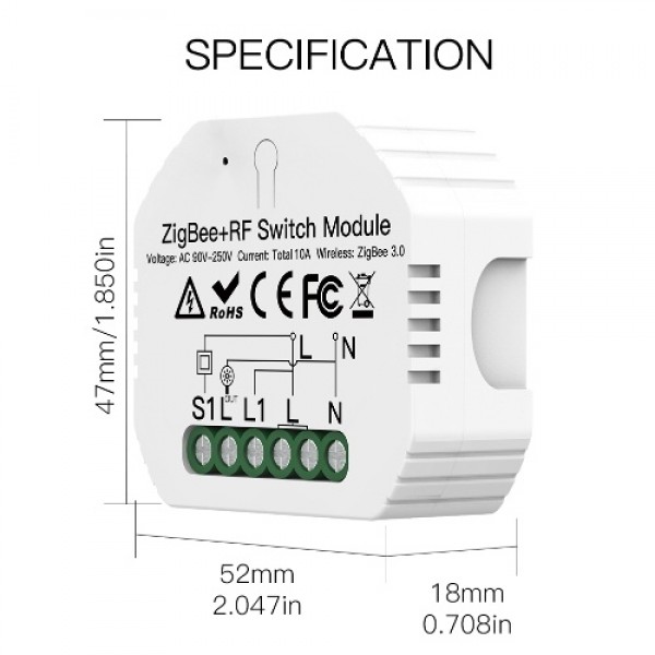 ZIGBEE3.0 Hide Breaker One Way Intelligent Switch Module APP Remote Control with Timer Function Compatible with Amazon Alexa Goo