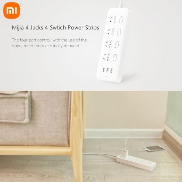 Original Xiaomi Mijia Individual Switched Power Strip Surge Protector with 4 Outlets and 3 USB Ports(2.1A) 2m Extension Power So