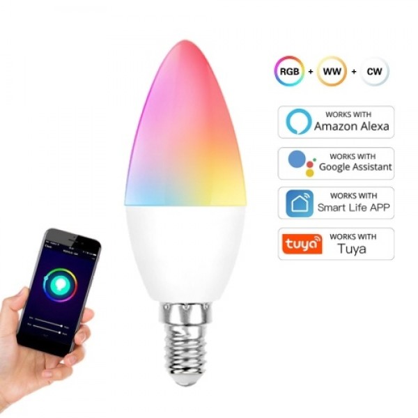 E14 Smart Bulb LED Smart Candle Bulb 5W RGB+WW+CW Support Tuya Alexa Google Home Remote Voice Control LED Dimming Lamp