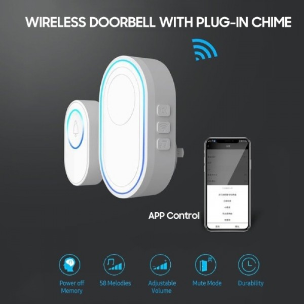 WiFi Smart Doorbell and Alarm Transmitter and Receiver with Plug-in Chime 58 Melodies 5 Volume Levels Mute Mode