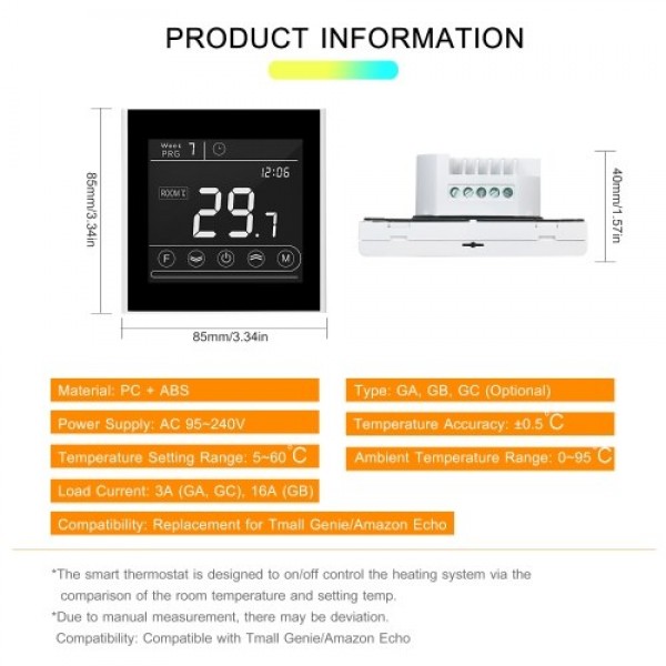 Smart Wifi Thermostat Programmable Water Heating Thermostat Temperature Controller LED Display Touchscreen Backlight Remote Cont