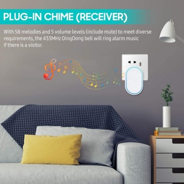 WiFi Smart Doorbell and Alarm Transmitter and Receiver with Plug-in Chime 58 Melodies 5 Volume Levels Mute Mode