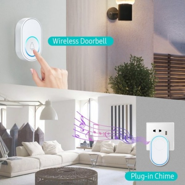 WiFi Smart Doorbell and Alarm Transmitter and Receiver with Plug-in Chime 58 Melodies 5 Volume Levels Mute Mode