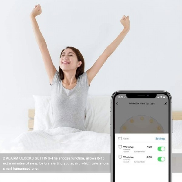 WiFi Wake-Up Light Smart Wake Up Workday Alarm Clock with 7 Colors Sunrise/Sunset &amp; Snooze Feature for Kids Heavy Sleepers D