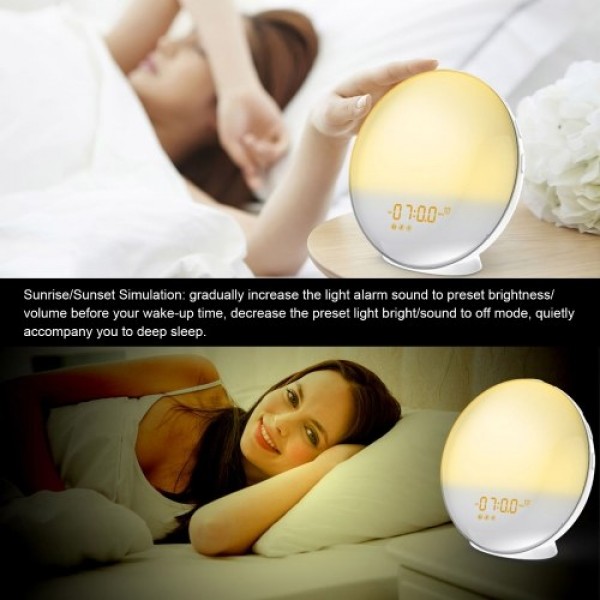 WiFi Wake-Up Light Smart Wake Up Workday Alarm Clock with 7 Colors Sunrise/Sunset &amp; Snooze Feature for Kids Heavy Sleepers D