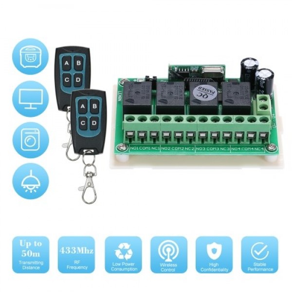 DC 12V 4CH Channel 433Mhz Wireless RF Switch Long Range Wireless Remote Control Switch DC12V RF Relay Receiver Module Transmitte